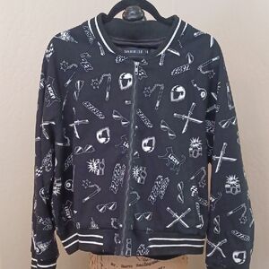 DANGERFIELD 18 BLACK BOMBER JACKET WITH WHITE PRINTS OF SPEED,LUCK,MOTO,FIGHTING